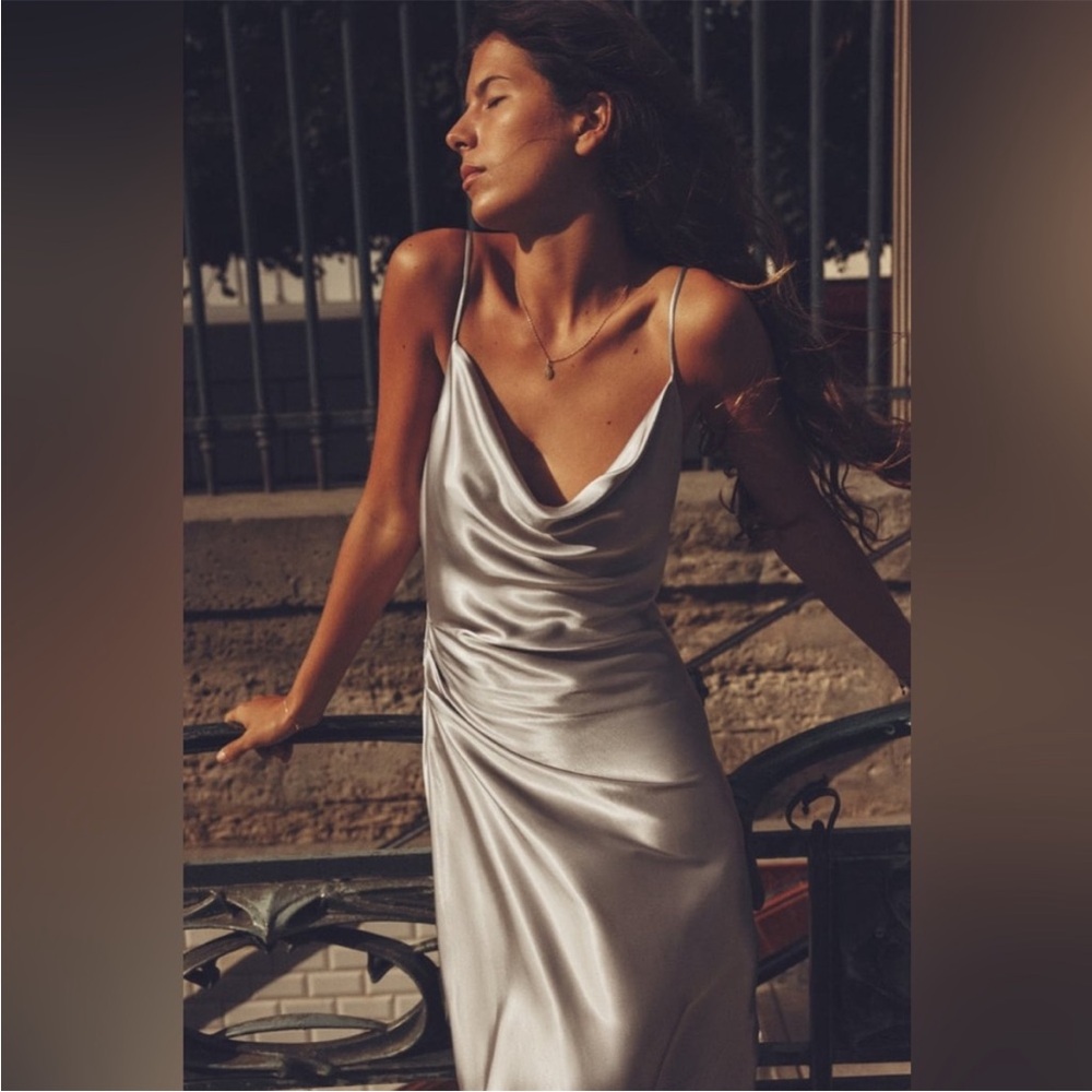 ZARA SILVER SATIN MIDI DRESS - Picture 5 of 10